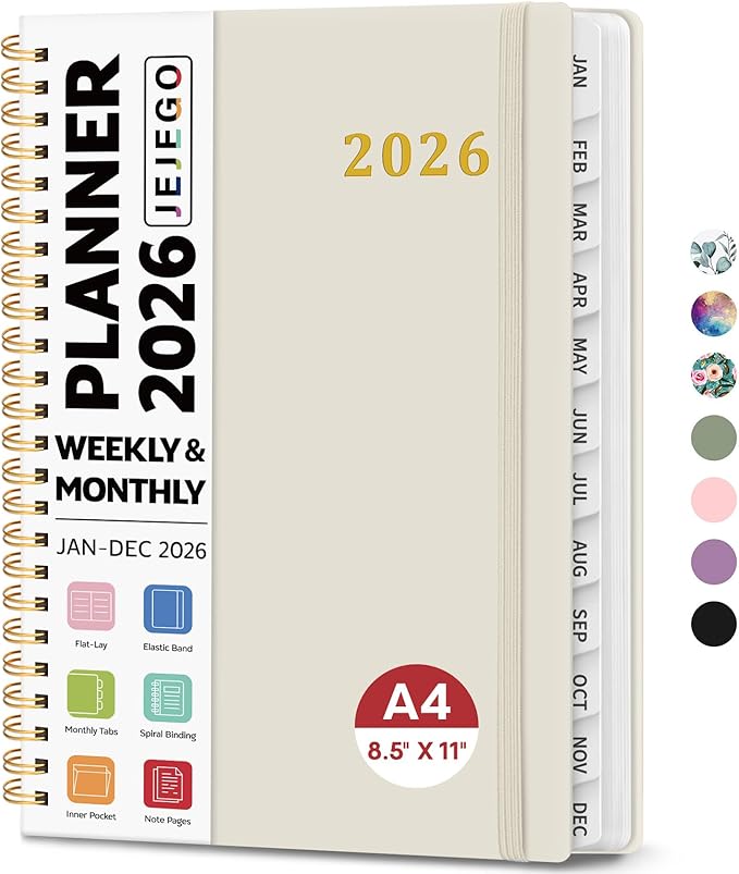 2026 Planner 8.5" x 11", Weekly and Monthly Calendar Planner Book, January 2026 - December 2026, Hardcover Spiral Planner with Monthly Tabs, Notes Pages, Perfect for Women & Men, A4 - Beige