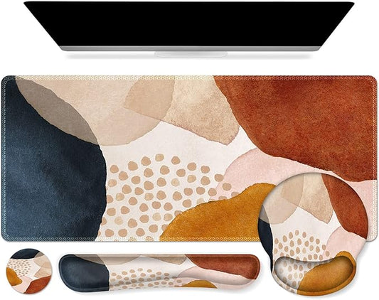 iCasso Desk Mat, Gaming Mouse Pad Wrist Support Set,4in1 XXL Large Mousepad + Keyboard Wrist Rest+Mouse Wrist Rest+Coaster Set with Ergonomic Design for Home Office Table Computer-Color Block