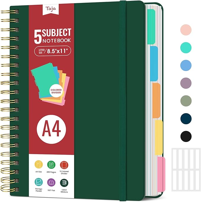 Hardcover Spiral Journal Notebooks for Work With Removable Dividers & Tabs, 8.5"x11" 5 Subject Notebook for Note Taking & Organizer, A4 College Ruled Lined Journal for Women & Writing, Dark Green, 280 Pages