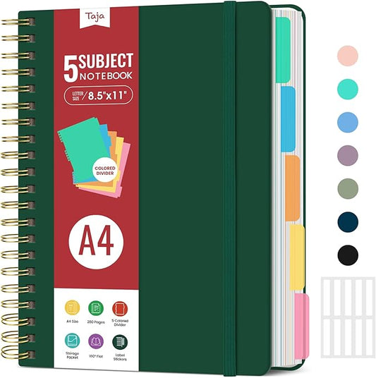 Hardcover Spiral Journal Notebooks for Work With Removable Dividers & Tabs, 8.5"x11" 5 Subject Notebook for Note Taking & Organizer, A4 College Ruled Lined Journal for Women & Writing, Dark Green, 280 Pages