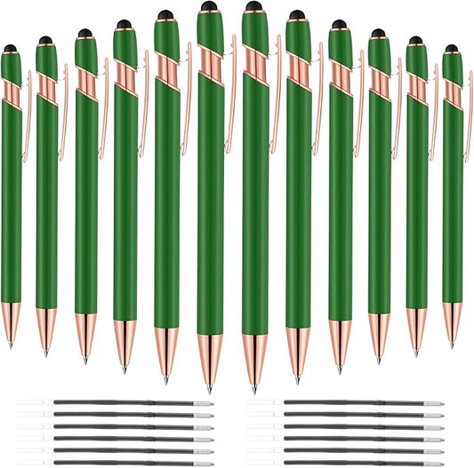 12 PCS 2 in 1 Stylus Ballpoint Pen with Stylus Tip, 1.0 mm Black Ink Metal Pen Stylus Pen for Touch Screens (Light Green)