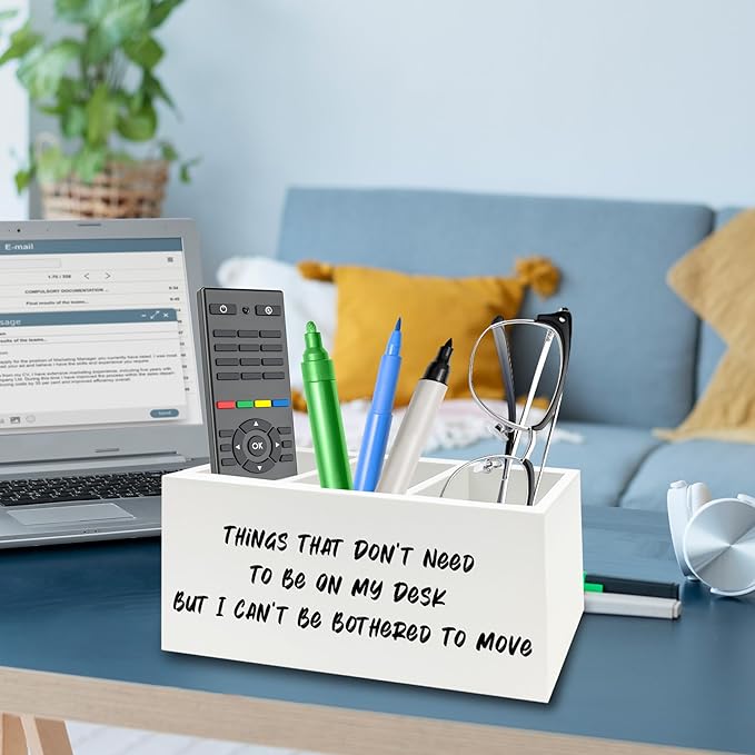 Funny Office Pen Pencil Holder Organizer for Desk, Humorous Gifts for Women Men, Funny But I Can't Be Bothered to Move Wooden Box Signs Decorations for Home Office Desk Tabletop