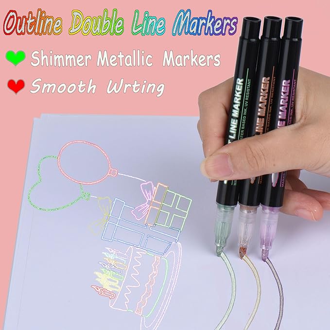24 Pack Double Line Outline Markers, Squiggles Shimmer Markers Set, Self Outline Metallic Glitter Marker Pens for Christmas,Art, Drawing, Writing, Greeting Cards, DIY, Scrapbook, Easter Eggs