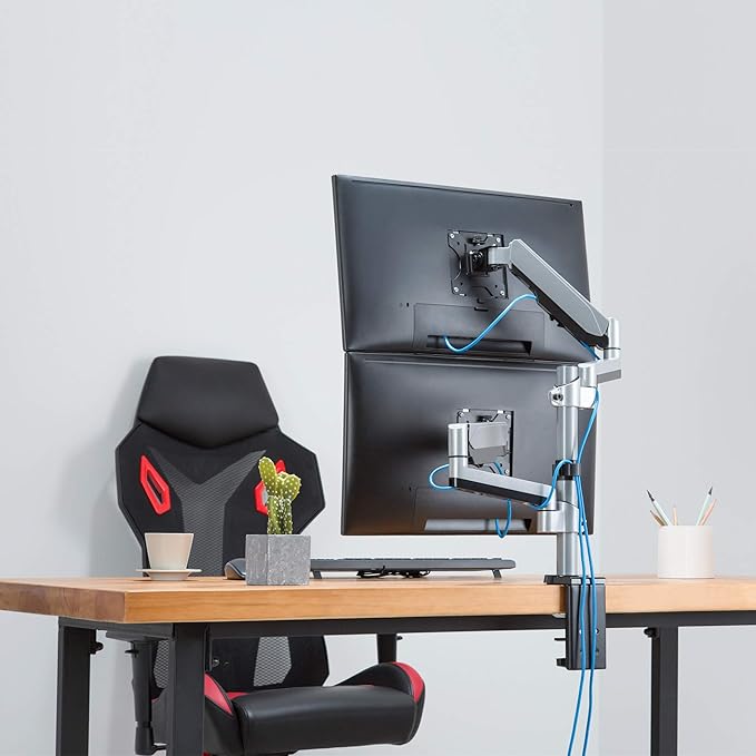 AVLT Dual 13"-27" Stacked Monitor Arm Desk Mount - Fits Two Flat/Curved Monitors, Full Motion Height Swivel Tilt Rotation Adjustable - VESA/C-Clamp/Grommet/Cable Management