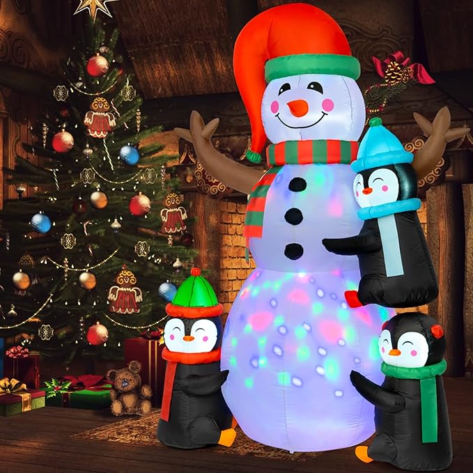 Christmas Inflatables Outdoor Decorations, Sizonjoy 6FT Snowman and Penguins Christmas Decorations with Rotating Colorful LED Lights Blow Up Yard Decorations for Lawn Garden Xmas Party