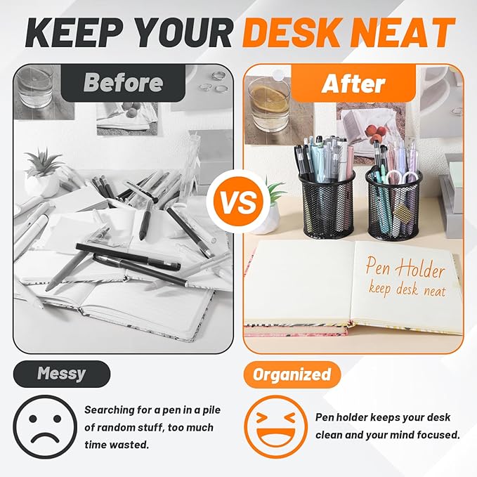 Segarty Pen Holder, 6 Pack Round Black Pen Cup Holder for Desk, Wire Mesh Pencil Containers Set for Office Supplies, School Maker, Home Desktop Accessories Organizer, Makeup Brush