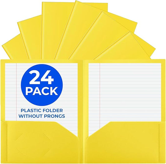 24 Pack Yellow Plastic Folders with Pockets Heavy Duty. 2 Pocket Folder no Prongs Bulk. Tear-Resistant Letter Size 8.5x11. Presentation Ready School and Office Supplies
