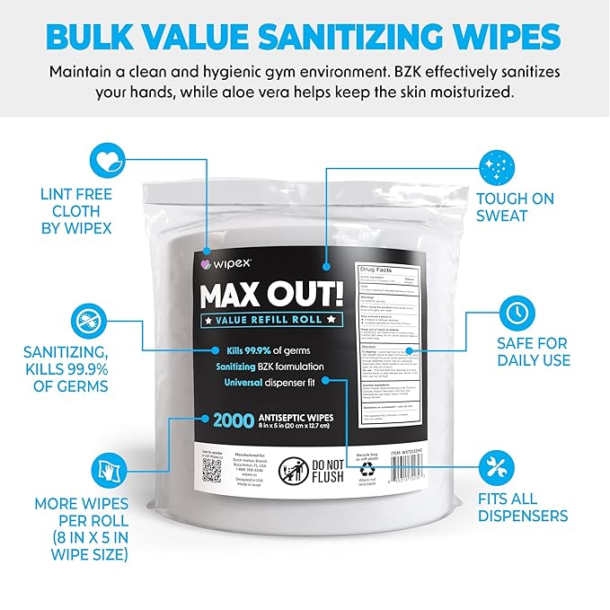 Wipex Max Out Sanitizing Wipes for Gyms - 2000 Wipes Economy Size Refill Rolls for Dispensers, 5"x8" - Ideal for High Volume Commercial Wellness Centers, Schools, Public Facilities & Studios