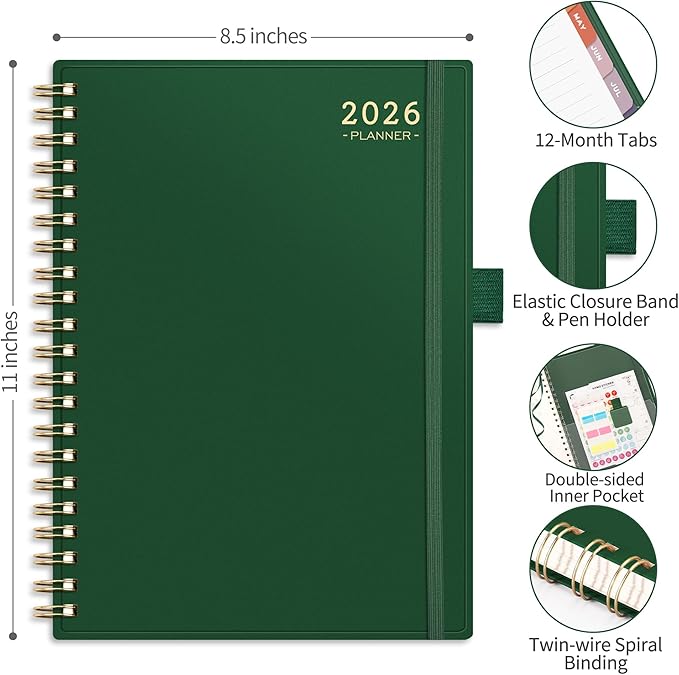 RETTACY 2026 Planner, Weekly and Monthly, Large Size (8.5" x 11"), Jan - Dec 2026, Agenda, Calendar, 12 Month Tabs, Flexible Plastic Cover, 100 GSM Thick Paper, Spiral-bound (Dark Green)