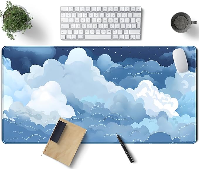 Aesthetic Blue and White Puffy Clouds Desk Mat, XXL Large Kawaii Blue Extended Gaming Mouse Pad with Stitched Edges, Cute Big Laptop Keyboard and Mouse Mat for Women Office Decor Mat 31.5x15.7 in