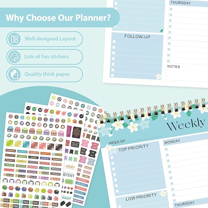 Weekly To Do List Notepad, Undated Planner with 52 Sheets (8.5''x11''), Desk Weekly Planner for Women & Man, Home School & Work (Flower)
