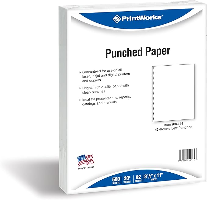 PrintWorks Professional Pre-Punched Spiral Binding Paper - 43-Hole (4:1 Pitch Hole Punch) - Book Binding Printer Paper - Made in the USA - 500 Sheets - 8.5" x 11" - 20 lb - 92 Bright White (04144)