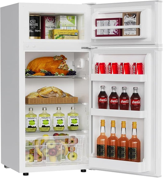 TABU 4.5 Cu.Ft Refrigerator with Top Freezer, Compact Double Door Fridge with Adjustable Thermostat & Removable Shelves, for Home, Office and Apartment, White