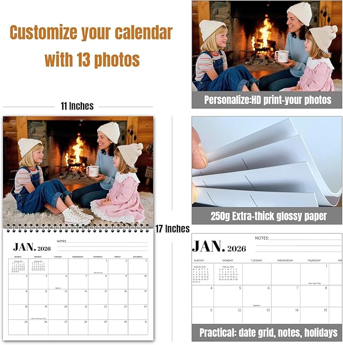 Custom Calendar 2026 for Home & Office - Print Your 13 Memories,Make Your Own Personalized Calendar Customized Christmas Gift &use your photo (Wall Calendar 11"×17", 2 Packs)