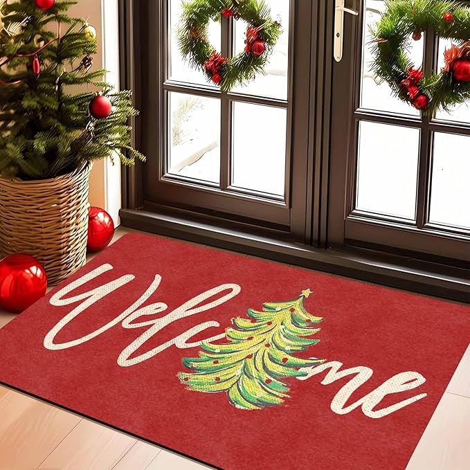 Christmas Welcome Tree Door Mat Merry Christmas Doormat Indoor Outdoor Entrance Floor Rug Non Slip Winter Decor Rubber Welcome Mats, 16" x 24" Inch