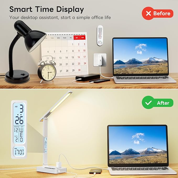 Infiway Desk Lamp with USB Charging Port: LED Desk Lamps for Home Office - 1 Type-C, 1 USB-A Charging Port, 2 AC Power Outlets - Touch Control Dimmable 5 Color 5 Brightness