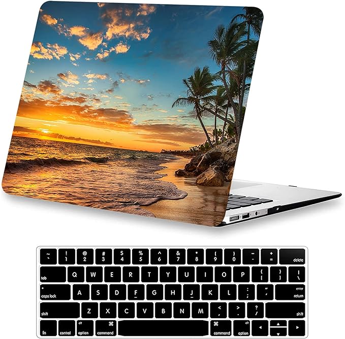 KEROM Compatible with MacBook Air 13 inch Case 2022 2021 2020 2019 2018 Release M1 A2337 A2179 A1932, Protective Plastic Hard Shell Case & Keyboard Cover, Has Logo Cutout, Beach Theme