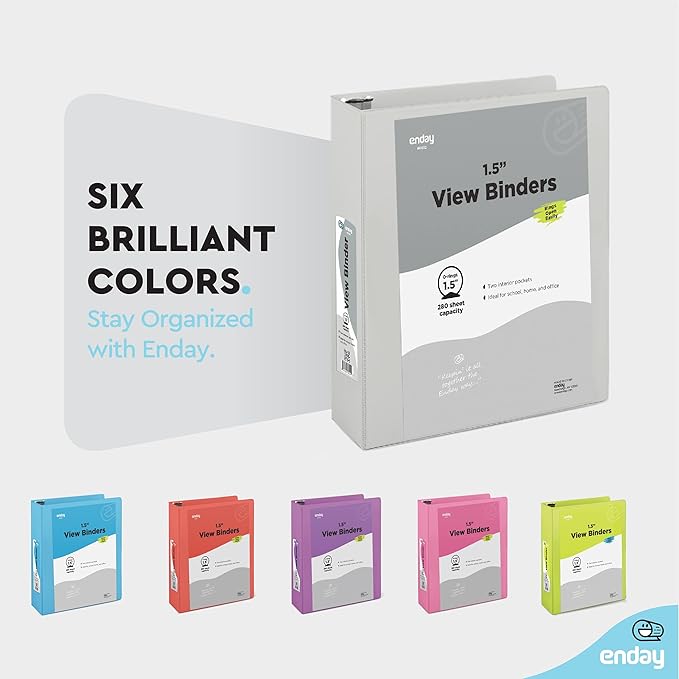3 Ring Binder 1.5 Inch Grey, 1 ½ inch Binder Clear View Cover with 2 Inside Pockets, Colored School Supplies Office and Home – by Enday
