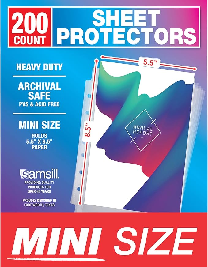 Samsill Mini Sheet Protectors 200 Pack, 5.5 x 8.5 Inch Page Protectors for Mini 3 Ring Binder, Heavy Duty, Clear Protector Sheets, 7 Hole, Top Loading, Acid Free