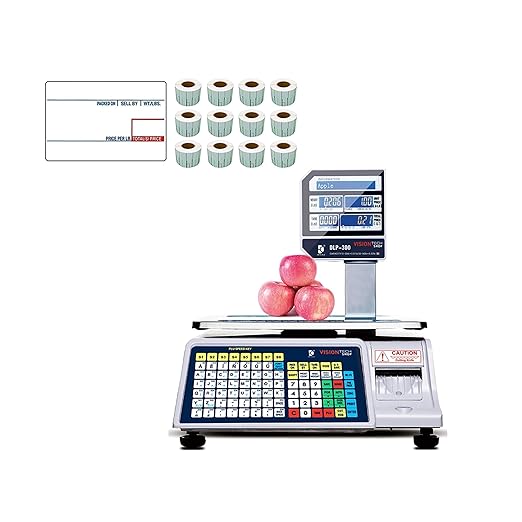 VisionTechShop DLP-300 Label Printing Scale Pole Display, 30/60lbs Capacity, 0.01/0.02lbs, NTEP Legal for Trade with a Free 1 case CAS LST-8010 UPC Label, 58 x 40mm