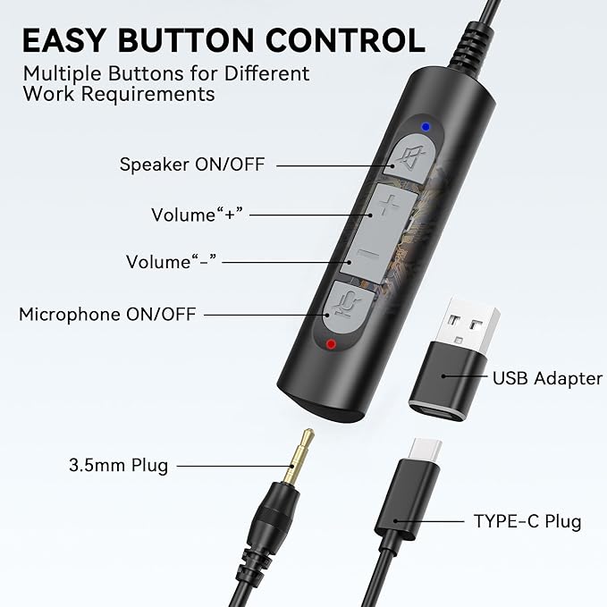 Wantek Headset with Microphone for PC Wired Headphones - USB C 3.5mm Headsets with Noise-Cancelling Microphone for Laptop