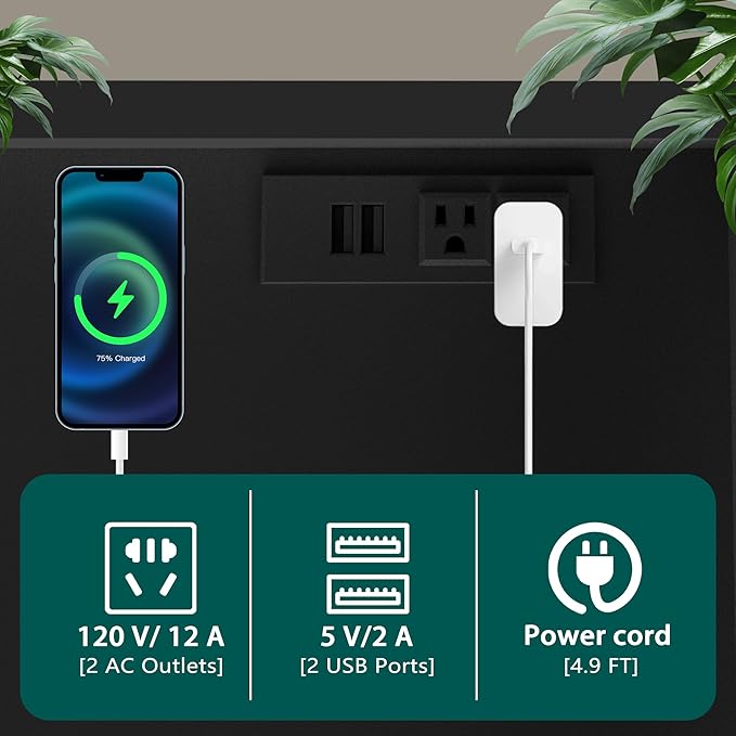 2 Drawer File Cabinet On Wheels & Charging Station, Wood Filing Cabinet with Lock & LED Light, Large Storage Printer Stand for Home Office, Black