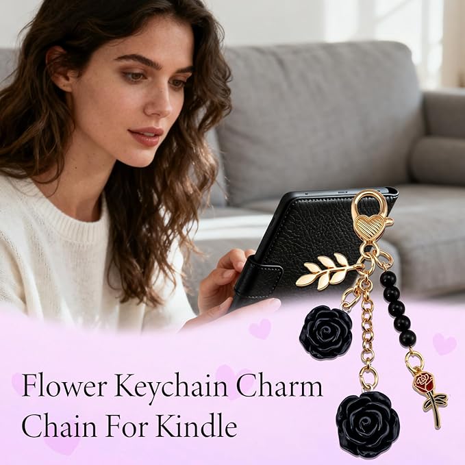 Rose Purse Charms Cute Flower Keychain With Heart Sticker Charm Chain For Kindle Colorful Bag Charms For Handbags