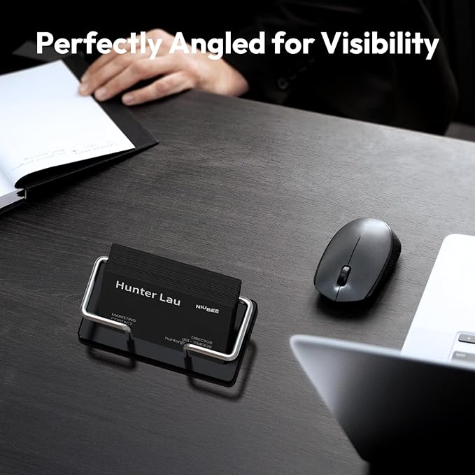 NIUBEE Acrylic Business Card Holder: Metal Business Card Display Stand for Desk - Frosted Name Card Organizer for Office, Reception, Desktop (Silver) - 2pack