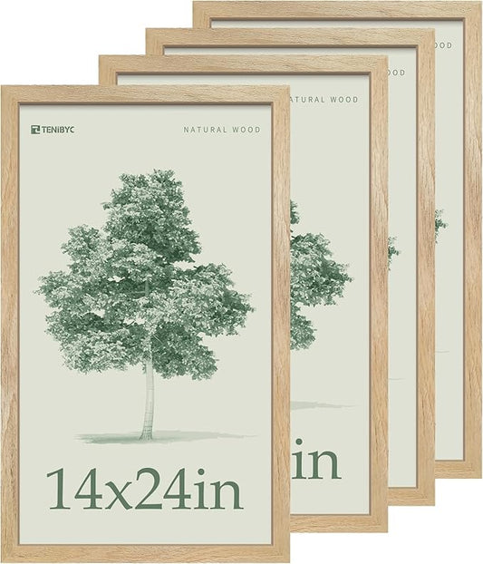 14x24 Poster Frame Set - 4 Pack, Natural Solid Wood, Elegant Wood Grain Picture Frame, Wall Gallery Frame