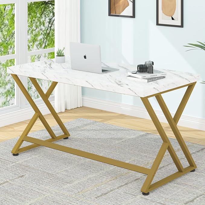 LVB White and Gold Desk, Wood Faux Marble Home Office Computer Desk, Modern Study Executive Table for Gaming Writing, Metal Simple Student Desk for Bedroom, White Marble and Gold, 55 Inch