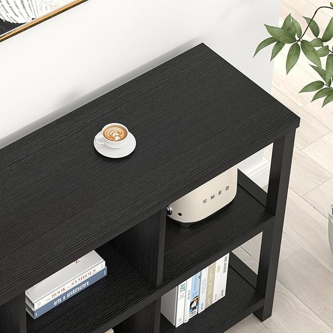 FOLUBAN Industrial 6 Cube Storage Organizer Bookshelf, Wood and Metal Cubby Bookcase, Horizontal Open Book Shelf for Bedroom Living Room, Black Oak, 47 Inch