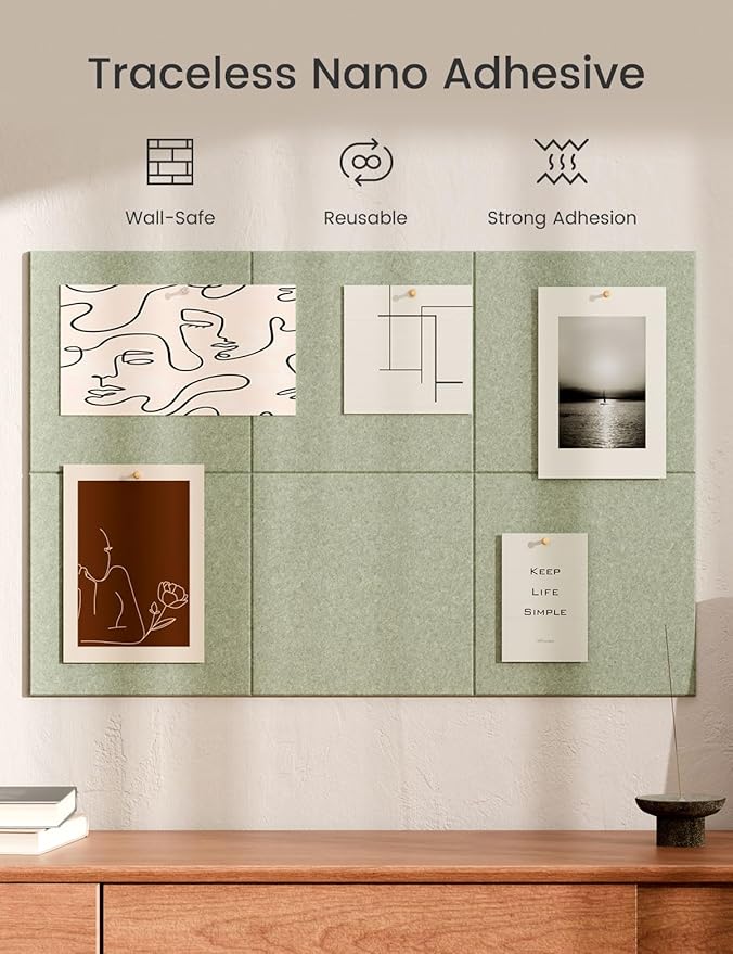 Bumusty Large Cork Board 36"x24" Alternative - 6 Pack Felt Wall Tiles with 40 Safe Removable Adhesive Tabs, 30 Pushpins, Cork Boards for Walls Pin Board Bulletin Board Office Decor (Sage)