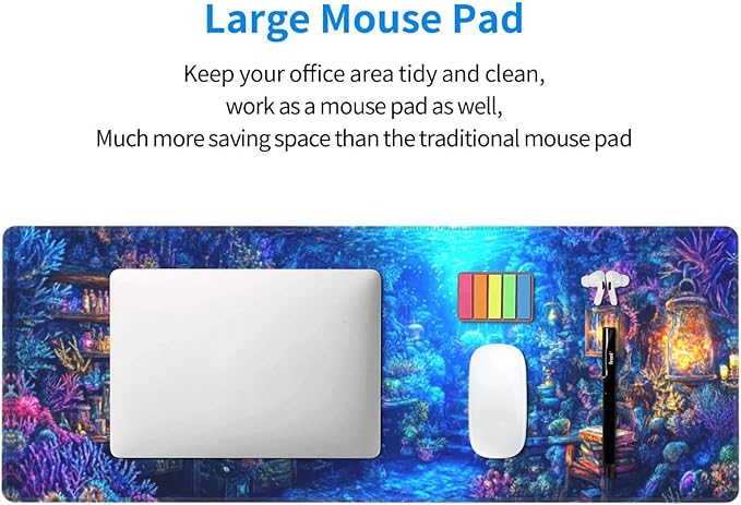 Magical Sea Mouse Pad 31.5 X 11.8 Inch Big Desk Rubber Base Stitched Edges Keyboard Pad XXL Mouse Mat for Home Game and Office