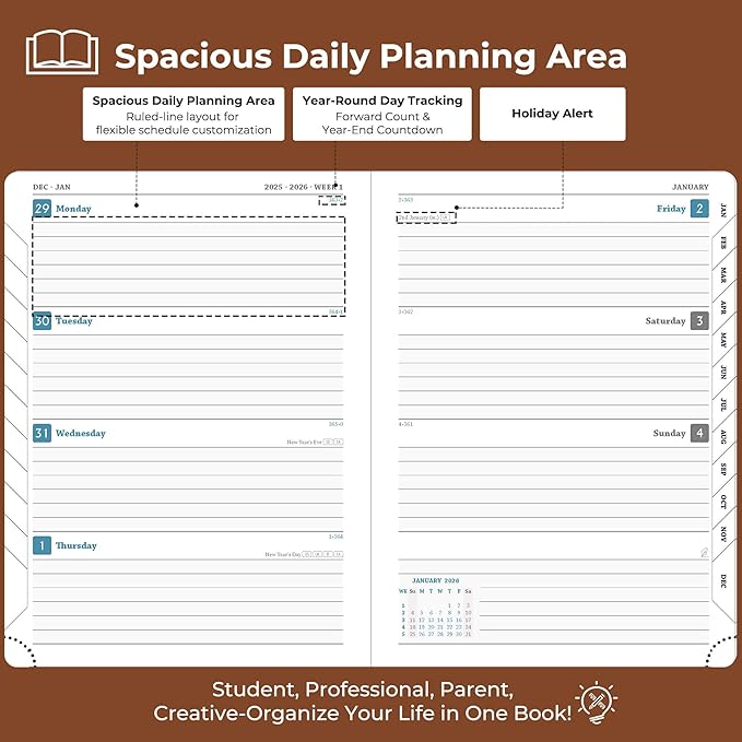 Planner 2026 Daily Weekly and Monthly,8.5"x6.5",12 Months Spiral Bound Calendar Agenda with Self-adhesive Pen Holder,2026 Appointment Book with Vegan Leather Soft Cover,Brown