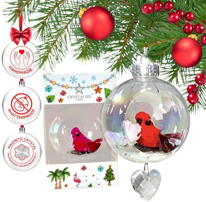 Cardinal Christmas Ornament - Handmade Shatterproof Decorations for Indoor Outdoor Xmas Tree - Clear Ball Ornaments with Magnetic Crystal - Great Gift or Stocking Stuffer for Mom, Sister, Friend