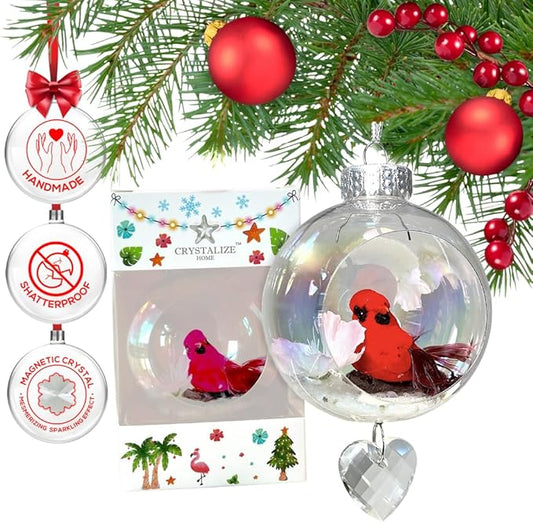Cardinal Christmas Ornament - Handmade Shatterproof Decorations for Indoor Outdoor Xmas Tree - Clear Ball Ornaments with Magnetic Crystal - Great Gift or Stocking Stuffer for Mom, Sister, Friend