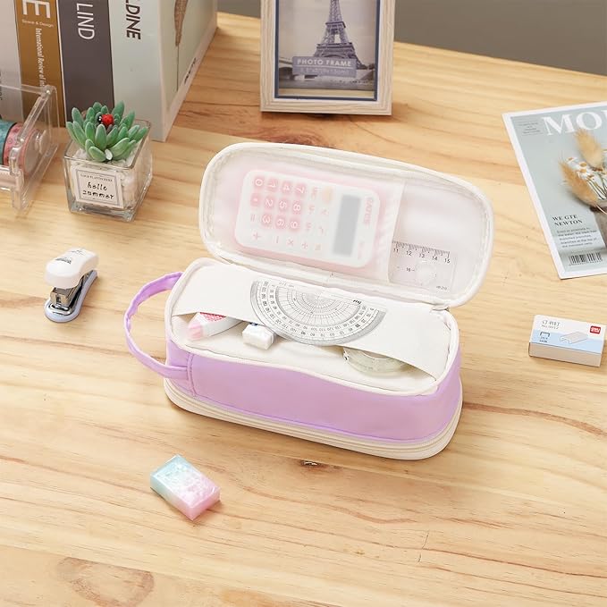 Large Pencil Case Zipper Pencil Pouch for Girls Adults Kids Aesthetic Pencil Bag Organizer Big Capacity Pen Bag with Handle Portable for School Office Purple