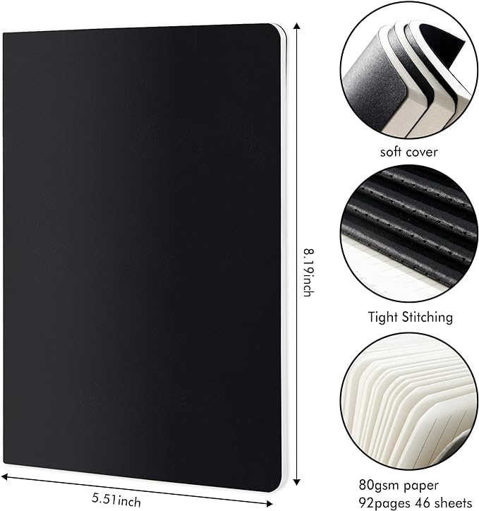 feela 36 Pack Soft Cover Journal Bulk, Lined Blank Travel Journal for Women Men Writing, Notebooks College Ruled for Work, Note Taking Notebook School Business Supplies, 8.2” x 5.5”, A5, Black
