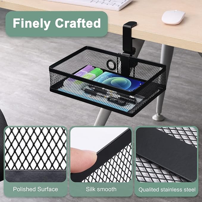 ROSLINE Under Desk Storage Organizer, Clamp on Drawer Basket, Hanging Storage, Mount Tray, Suitable for Multiple Scenes (Black)