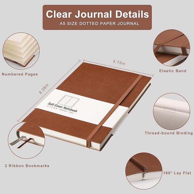 AHGXG Dotted Bullet Grid Journal 2 Pack - A5 Dot Grid Notebook Softcover, Medium 5.75'' × 8.38'', 320 Numbered Pages, 120gsm Thick Dotted Paper, Soft Leather Cover (Black Brown)