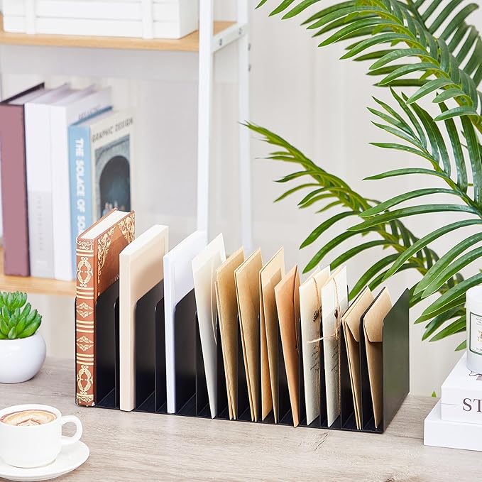 Suzile Metal Desktop File Organizer, 15 Compartments, Vertical File Sorter, Black, 5.79" W x 15.75" L x 5.41" H, Office, Reception Areas, Workspace