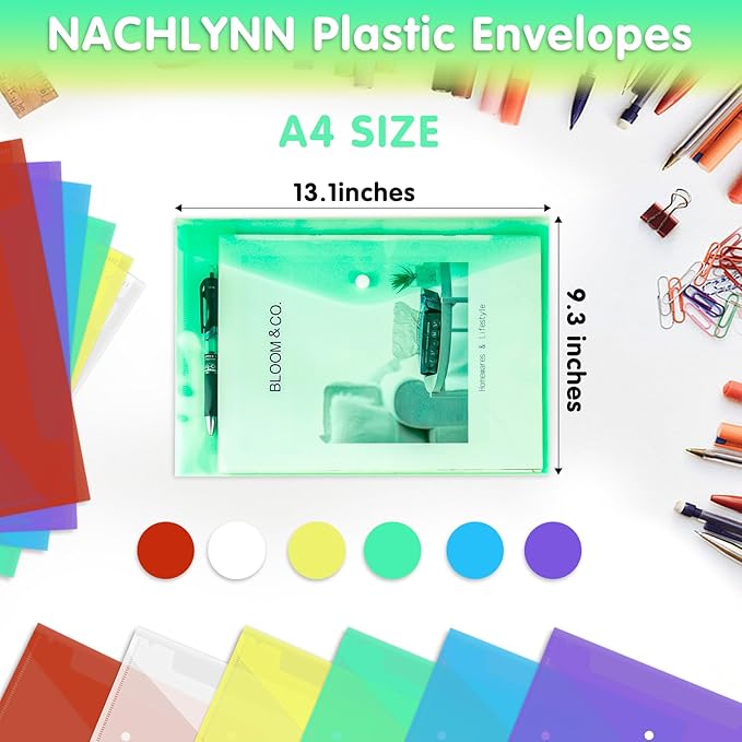 NACHLYNN 108 Pack Plastic Envelopes Poly Envelopes with Snap Closure A4 Size Clear Document File Folders Organizers Assorted Color File for School Office Supplies