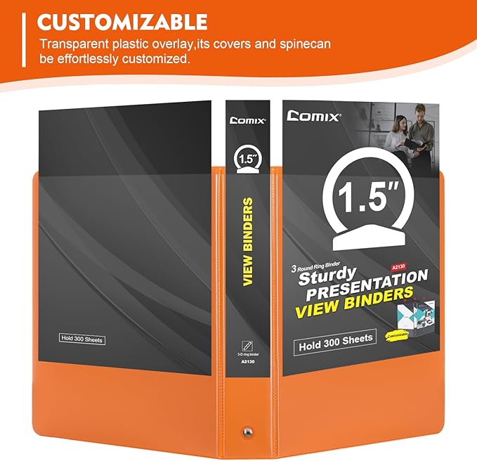 COMIX 3 Ring Binder 1.5 inch with Clear View Cover, 1.5" View Binder Holds 300 Sheets of US Letter Size Paper, 6 Pack (Orange)