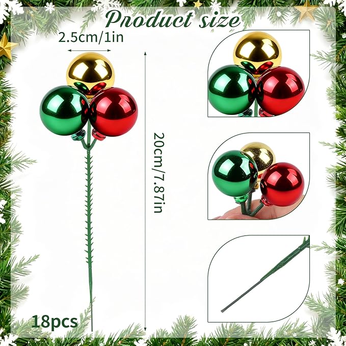YIYA 18 PCS Christmas Tree Picks Ornaments 3 Color Red Green Gold Xmas Decor on Wired Stems Shatterproof Xmas Ball Picks Branches for Tree Vase Wreath Garland Indoor Outdoor Garden Holiday Party Decor