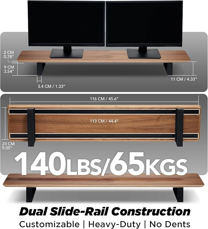 Moodular Wooden Monitor Stand 45.6” (116cm) Large Desk Organizer with Metal Slide Rails for Drawer, Tray, Laptop, Tablet, Phone & Headphones Customizable Riser for Organized Workspace Walnut