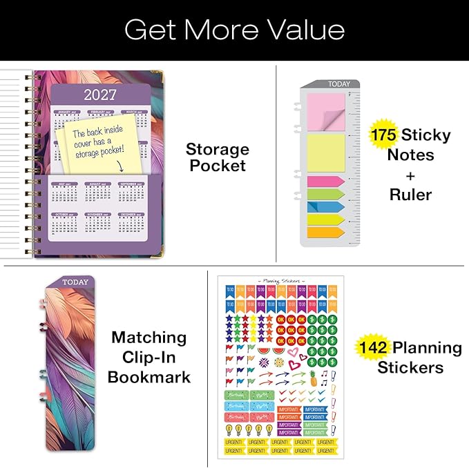 HARDCOVER 2026 Planner, 7"x9": 14 Months (November 2025 - December 2026), Daily Weekly Monthly Planner, Yearly Agenda, Bookmark, Pocket Folder and Sticky Note Set (Pastel Peacock)