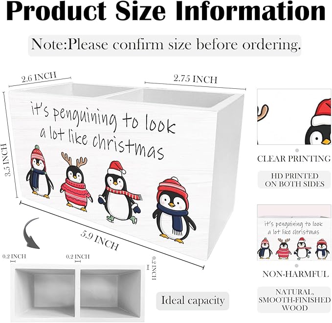 Christmas Funny Penguin Pen Holder for Desk, It's Penguining to Look Like Christmas Wooden Box Sign Desk Decor for Home Office Decoration, Holiday Xmas Pencil Organizer, Penguin Gifts
