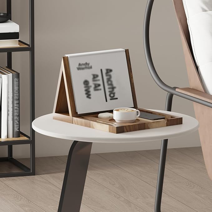 Wooden Triangle Book Stand Holder for Page Rest, Acacia Foldable Nook Reading Valet with Cup,Pen, Glasses and Phone Holder for Bedroom Nightstand Office,Book Lover Gifts for Readers (Acacia)