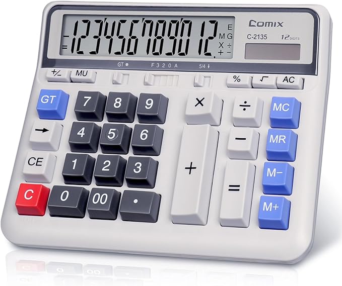 Comix Desktop Calculator Solar Battery Dual Power with 12-Digit Large LCD Display and Large Computer Keys Standard Function Calculator for Home Office School, White