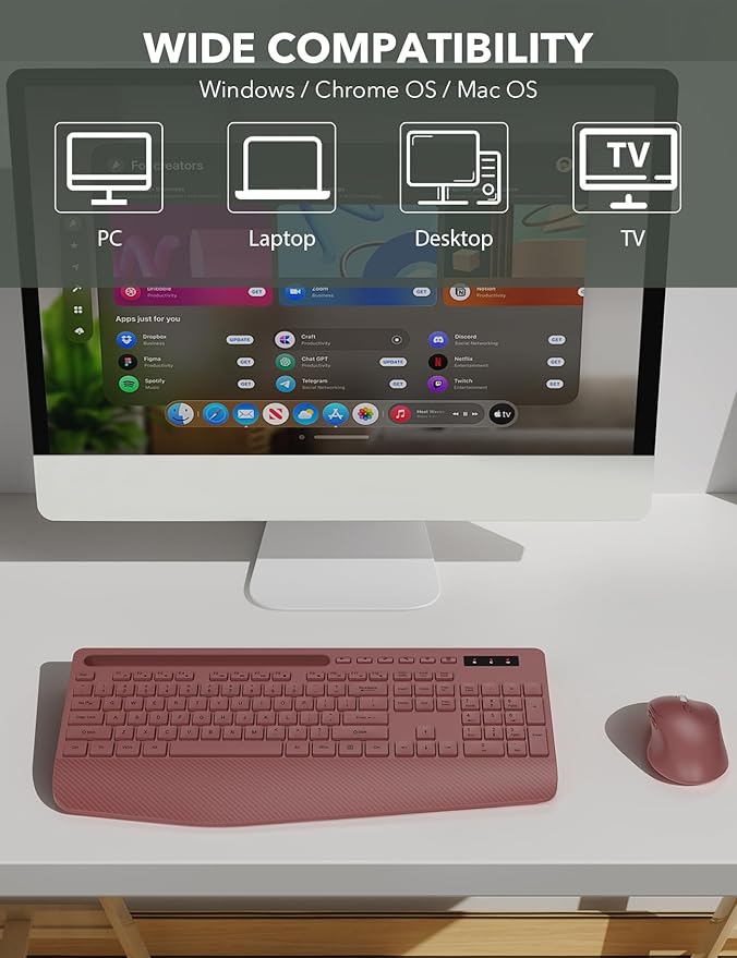Wireless Keyboard and Mouse Combo - Full-Sized Ergonomic Keyboard with Wrist Rest, Phone Holder, Sleep Mode, Silent 2.4GHz Cordless Keyboard Mouse Combo for Computer, Laptop, PC, Mac, Windows